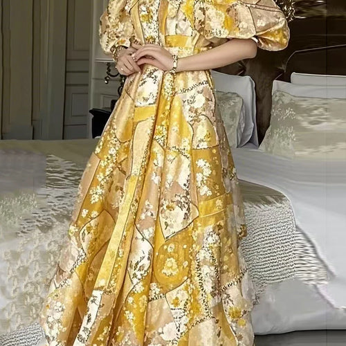 Hit Color Printing Fashion Long Dresses for Women Lapel Short Sleeves High Wasit Elegant Dress Female Clothing New